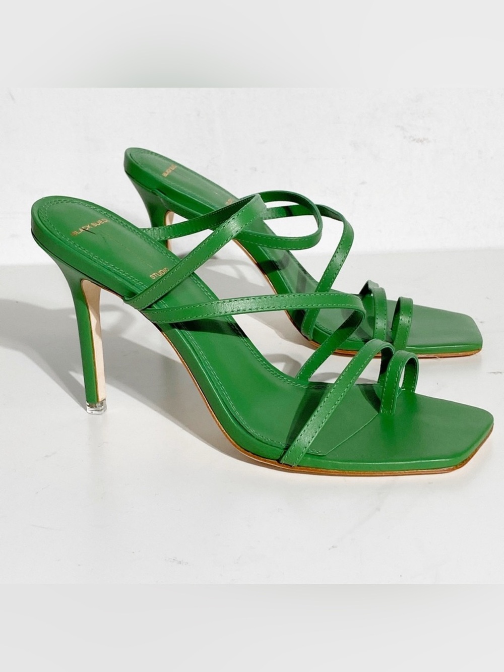 Black Suede Studio Cindy Strappy Stiletto Green Sandals Size 38.5 / 8.5 US NEW